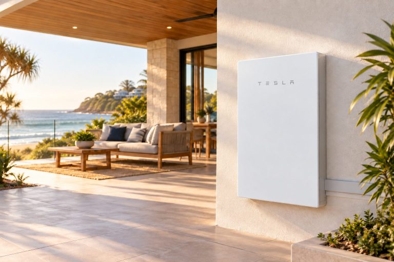 Outdoor lounge beside a home battery