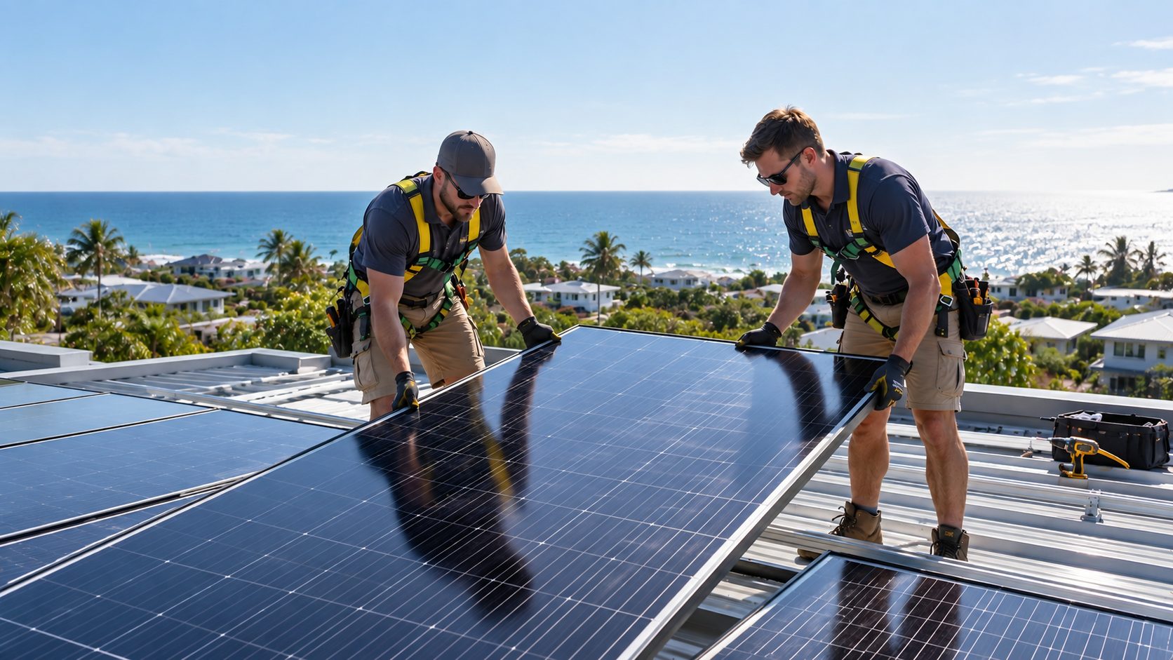 Two installers fitting solar panels on a roof