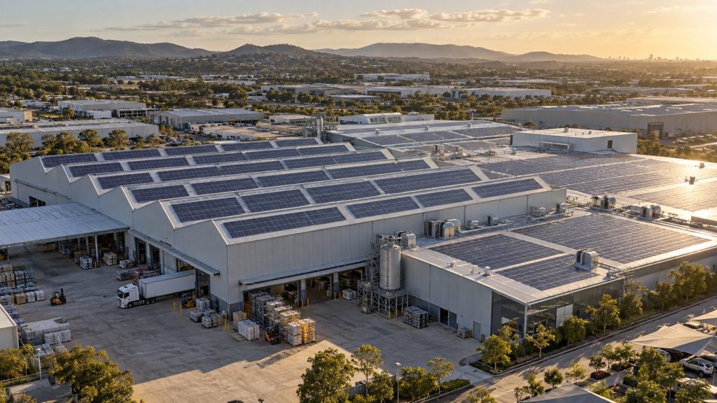 Large commercial rooftop covered in solar panels