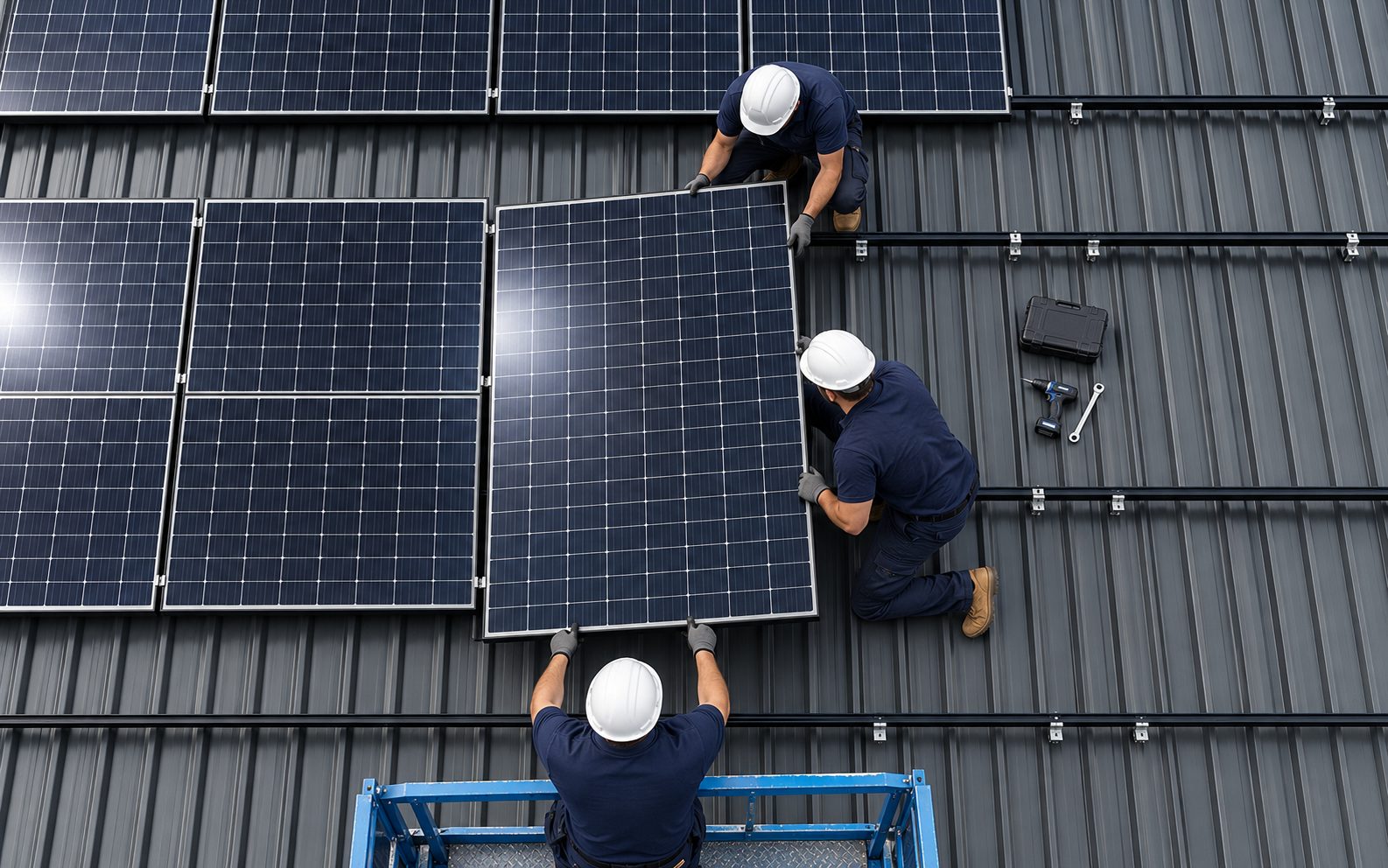 Installer kneeling on a roof beside solar panels