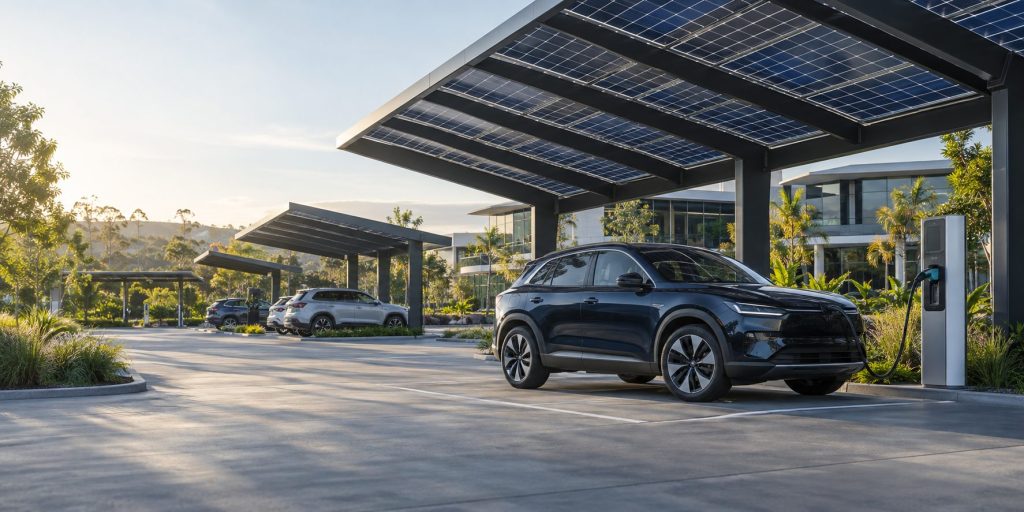 Electric car under a solar carport