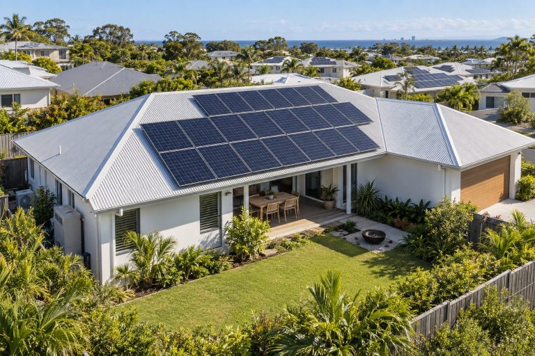 Coastal home with rooftop solar panels