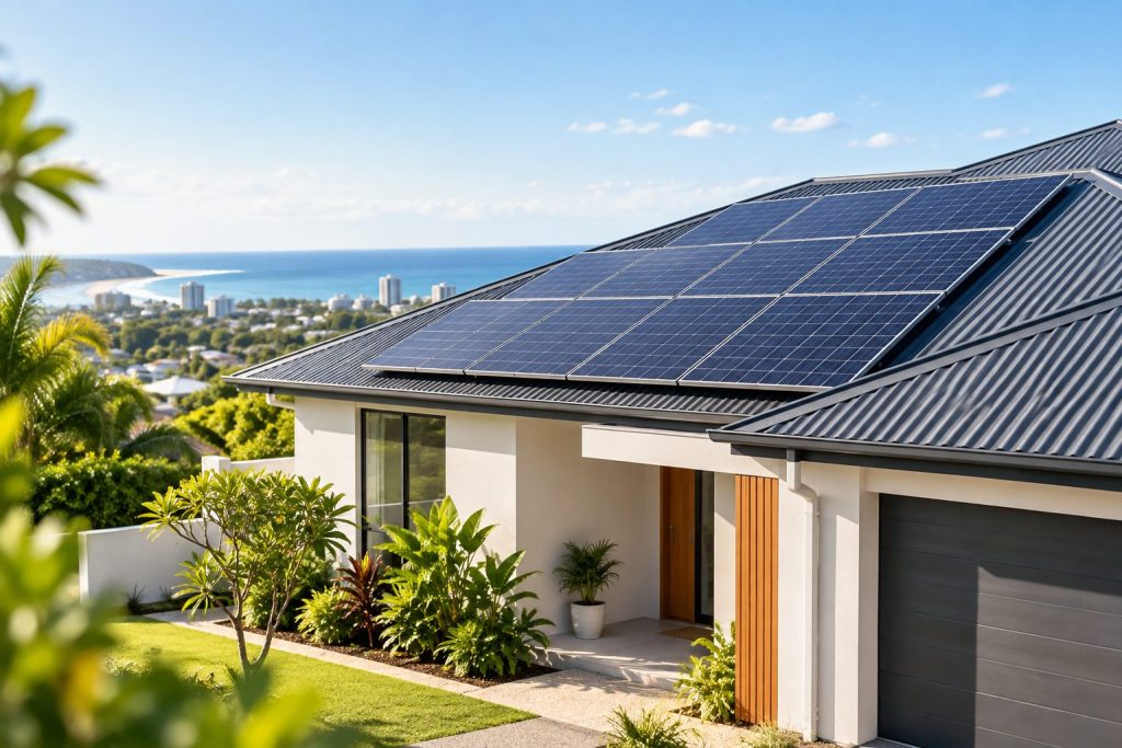 Home with rooftop solar panels