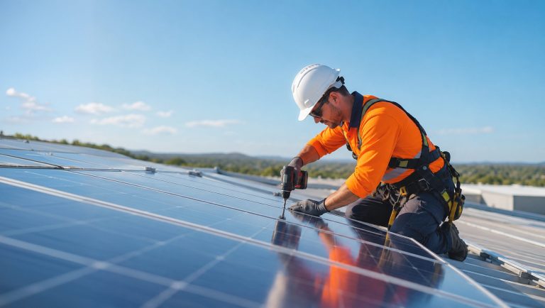 Installer fitting solar panels on a commercial roof
