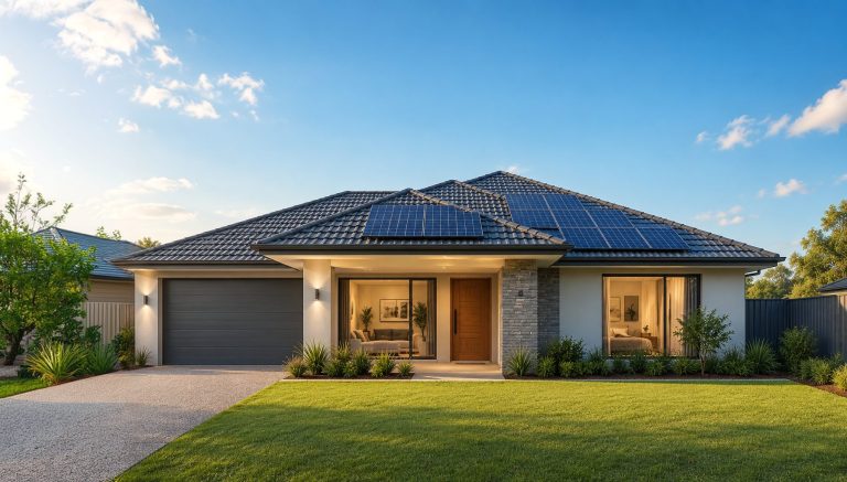 Single storey home with rooftop solar panels