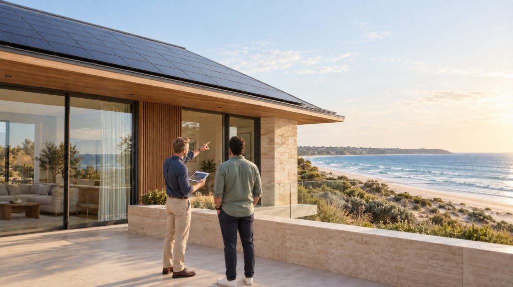 Two people reviewing a property outdoors